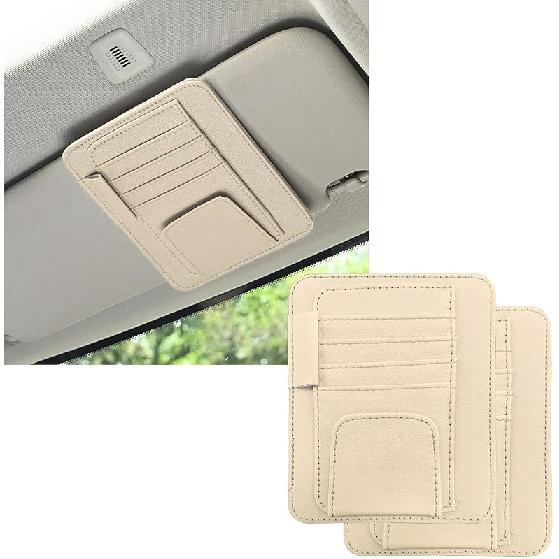 2PCS Small Leather Car Sun Visor Organizer, Multifunctional Auto Visor Document Holder With Sunglasses Clip, Universal Car Interior Organizer For
