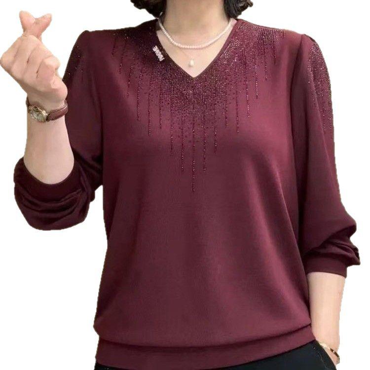2025 Spring V-neck Chiffon Long Sleeve Blouse for Women – Solid Color Versatile Top for Middle-Aged and Elderly Moms