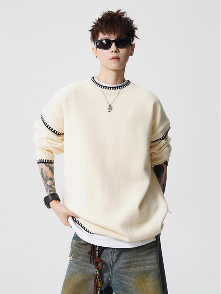 Men's Trendy Hand-Stitched High-End Knit Sweater with Contrasting Colors - Versatile and Stylish Base Layer
