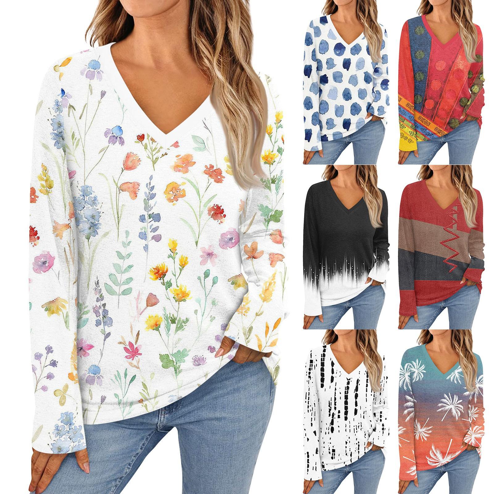 

Womens Long Sleeve V Neck Shirts Casual Flower Print Basic Tops