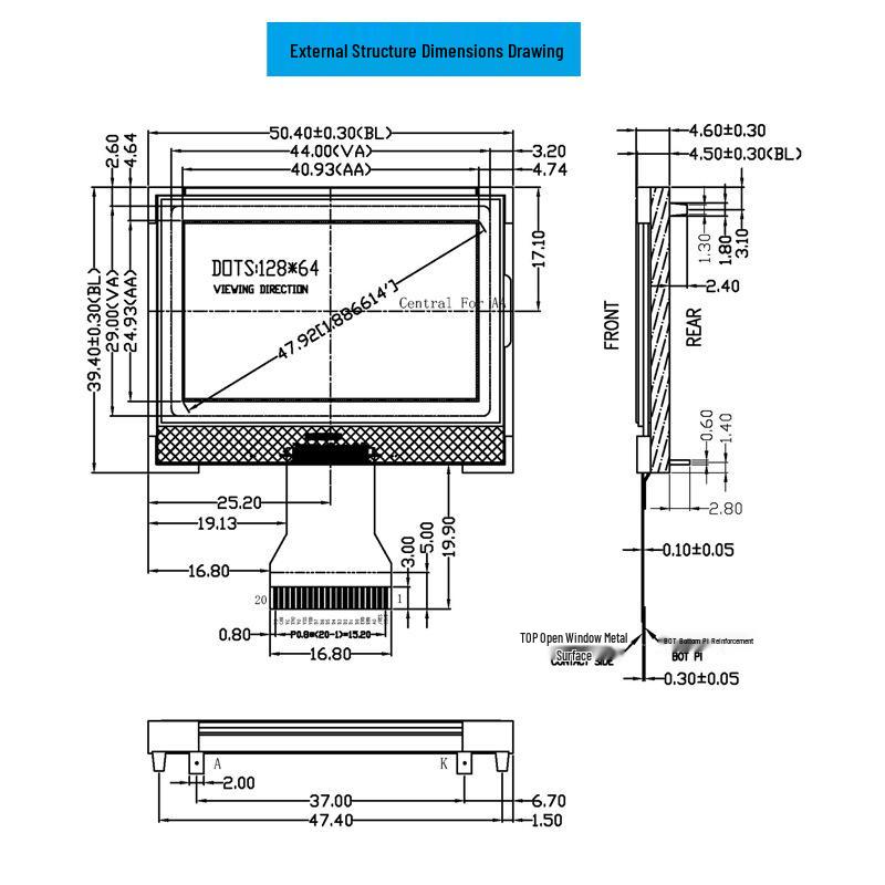 1.9-inch 128x64 Dot Matrix LCD Screen, Blue/White, 3.3V COG Module