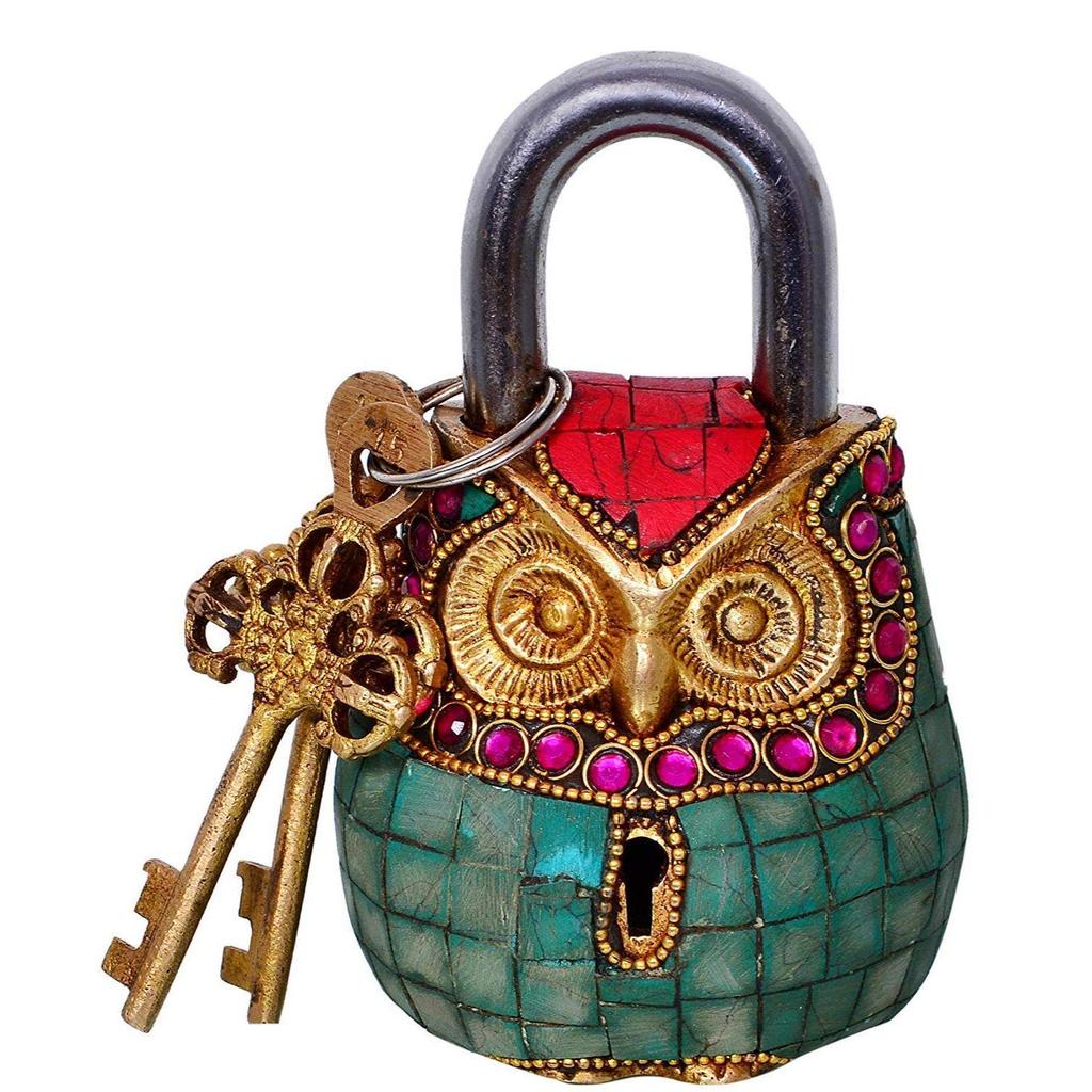 Owl Shaped Handmade Brass Antique Design Lock Padlock with Colorful Gemstone Work, Product Dimensions - 8 X 4.5 X 12Cm, 650Gm