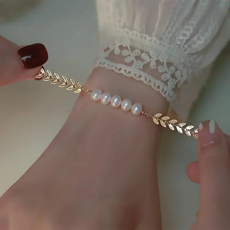 Korean Instagram Design Fashion Versatile Wheat Ear Chain Women's Bracelet Simple and Cold Style Beaded Pearl Style Bracelet