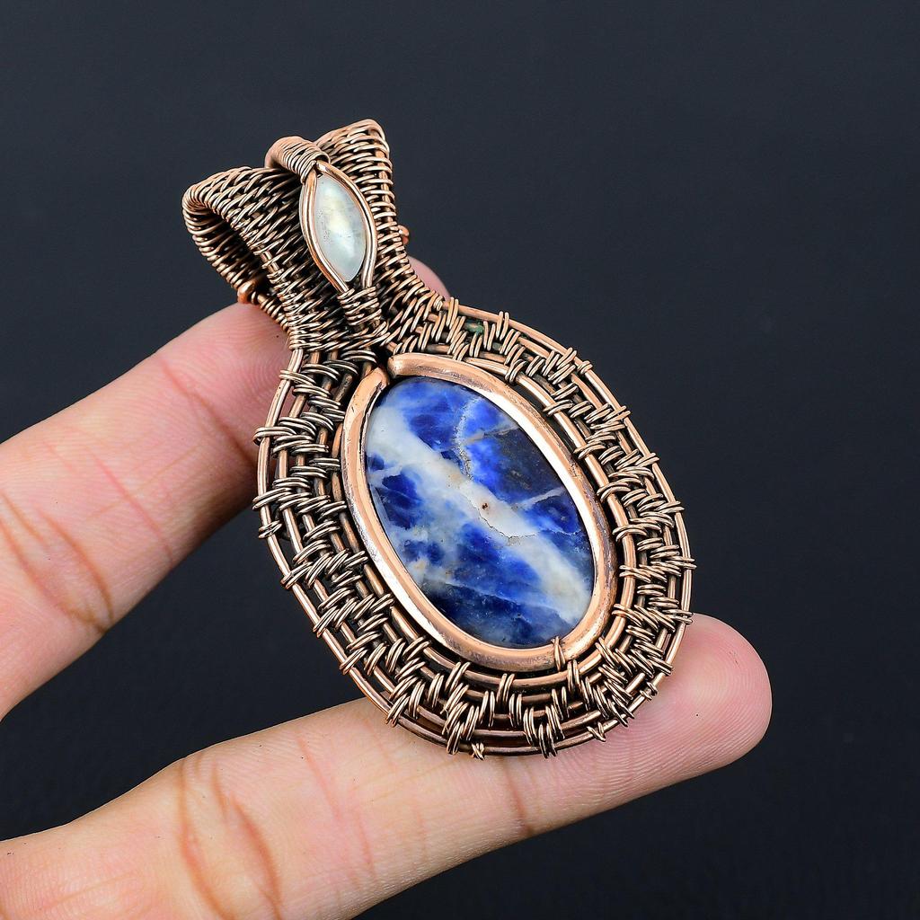 Wonderful Sodalite & Moonstone Gemstone Handmade Pure Copper Wire Wrap Jewelry Pendant