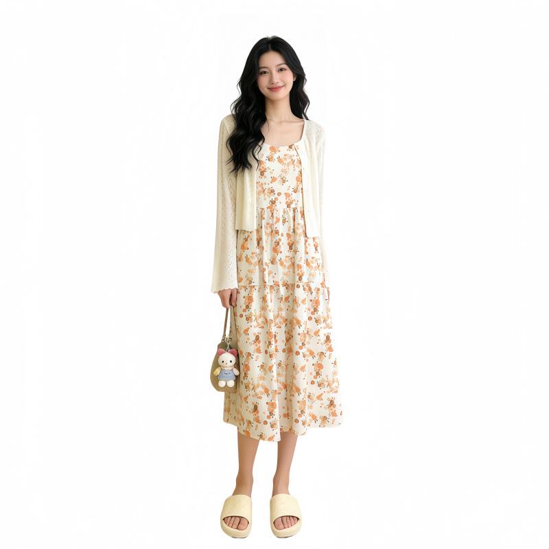 2026 Summer Maternity Ice Silk Knit Cardigan & Camisole Dress Set