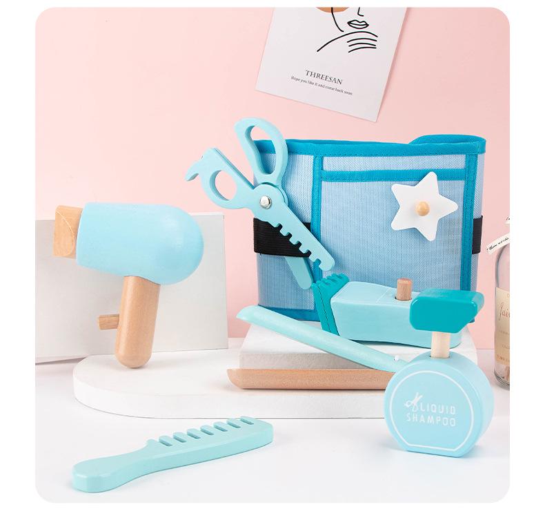 Realistic Toddler Barber Set: Wooden Hairdressing Tools with Waist Pack