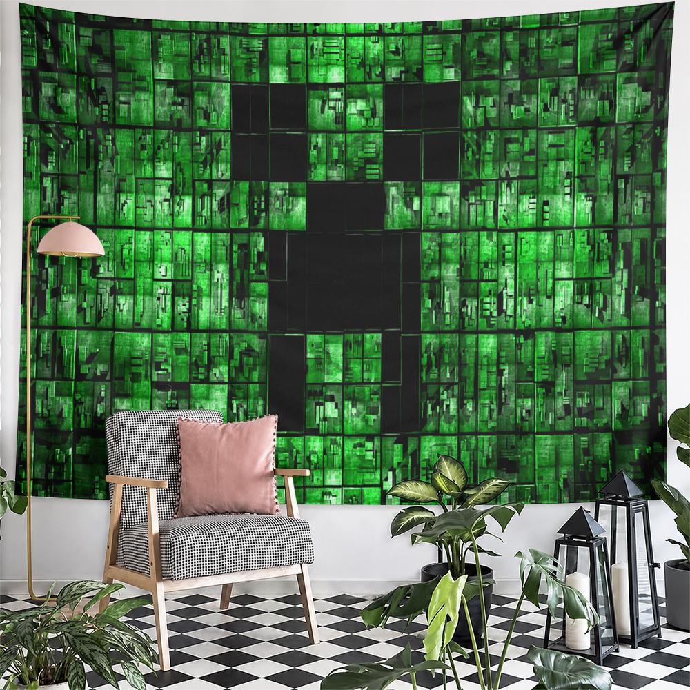 Pixelated creeper green black video game design Patterned tapestry for bedroom and living room home decor sofas