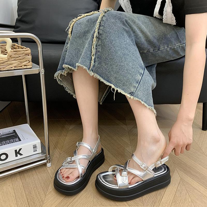 Popular Internet celebrity retro silver platform word cross sandals women 2025 new high sense heightened Roman sandals