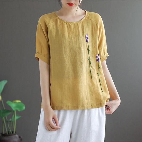 Damen Vintage Besticktes Kurzarm-T-Shirt Rundhalsausschnitt Loses Baumwollleinen-Blumenoberteil