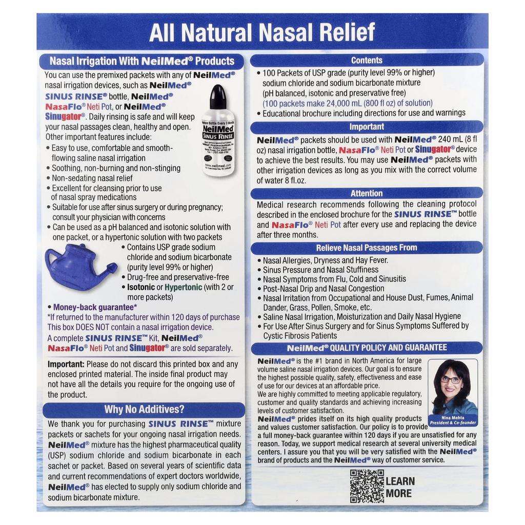 Sinus Rinse, 100% Natural Sinus Relief, Premix 100 Packs