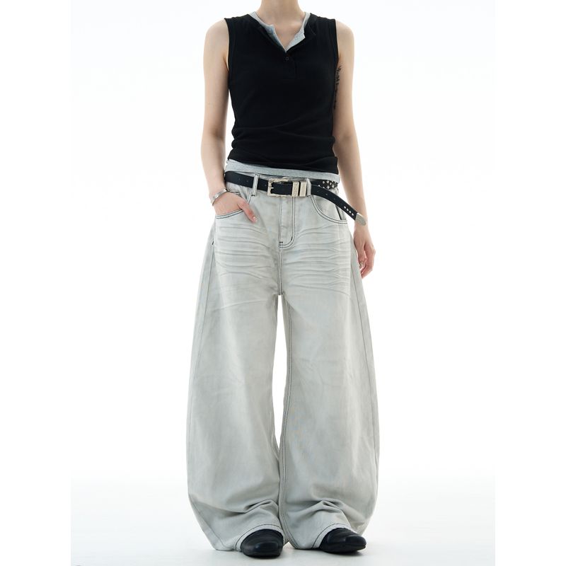 Madwitch American High Street Distressed Scimitar Jeans Unisex Loose Casual Vintage Distressed Pants Ins