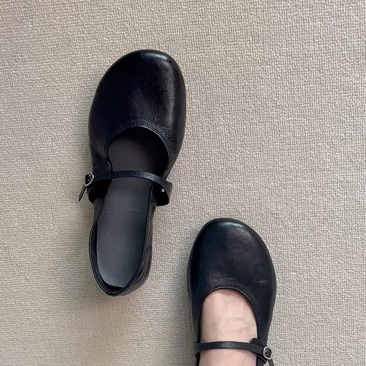 

Sheepskin version~ Minimalist style round head leather Mary Jane shoes women s retro word belt flat bottom comfortable versatile small single shoes 35