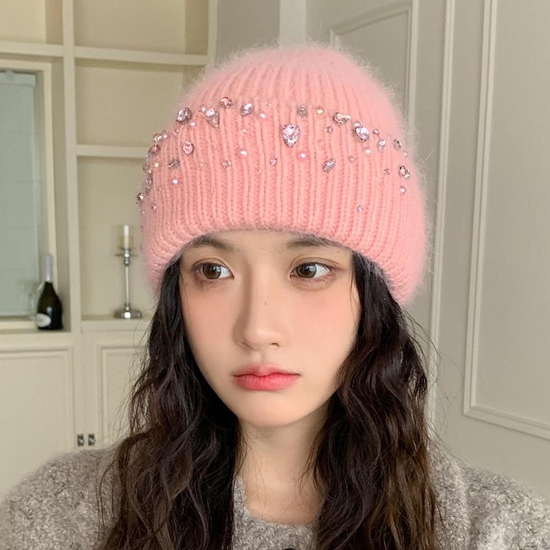 Knitted Hat Women's Winter Thickened Warm Ear Protection Hat Rhinestone Wool Hat Winter Hats for Women, Beanies for Women, Hats for Women Winter