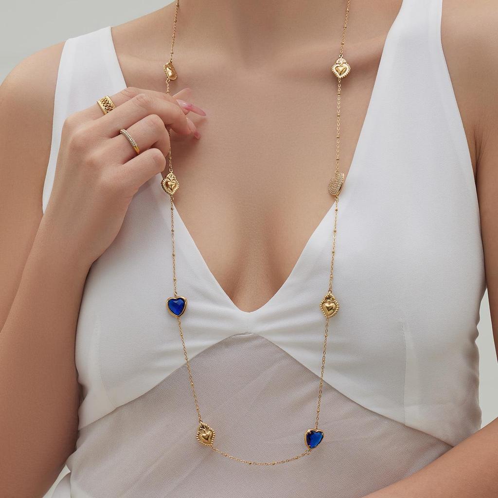Colorful Heart Glass Stone Tassel Earrings & 18K Gold Plated Stainless Steel Necklace