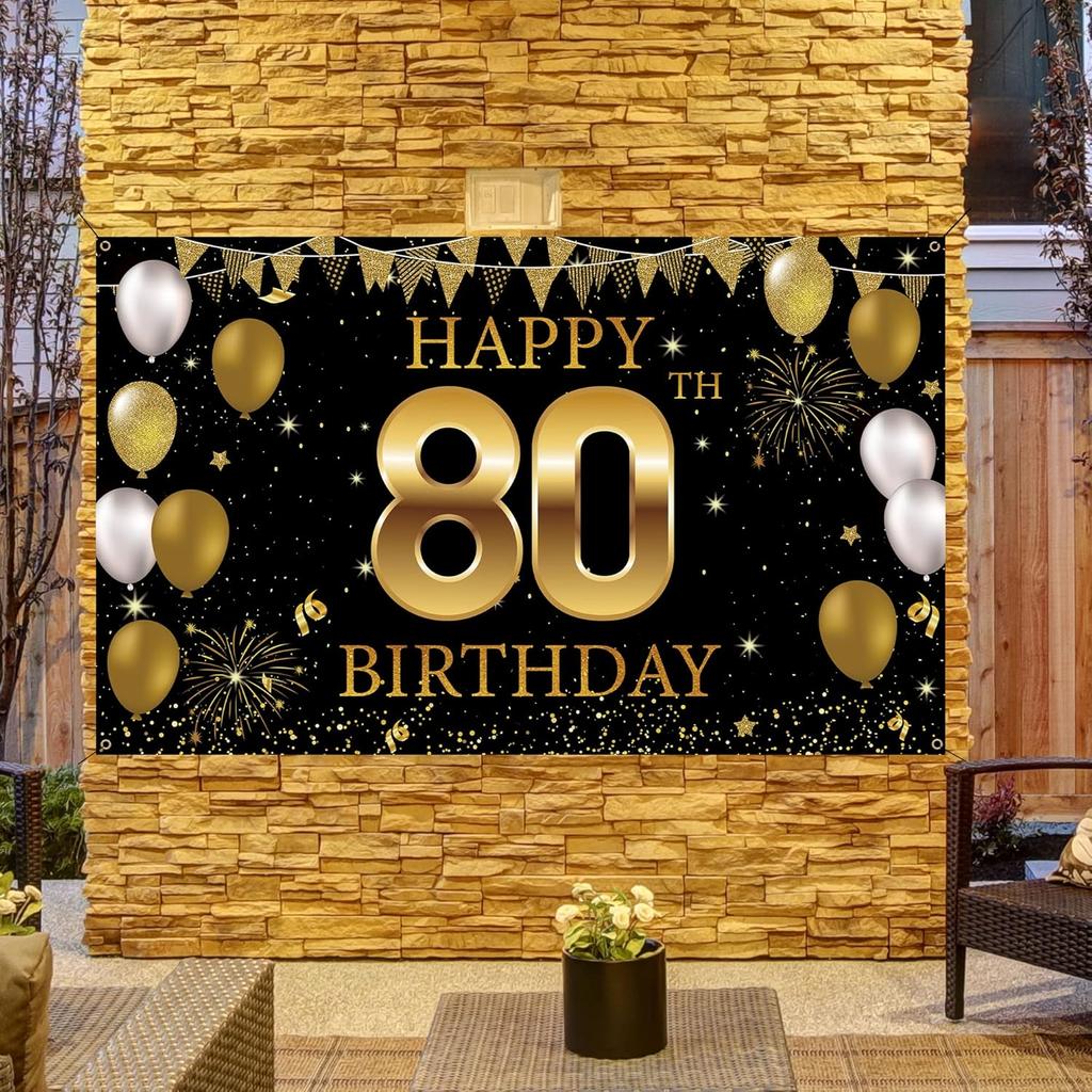 80th Birthday Party Decorations Backdrop Banner, Happy 80th Birthday Decorations for Men Women, 80 Years Old Birthday Photo Booth Props Black Gold,