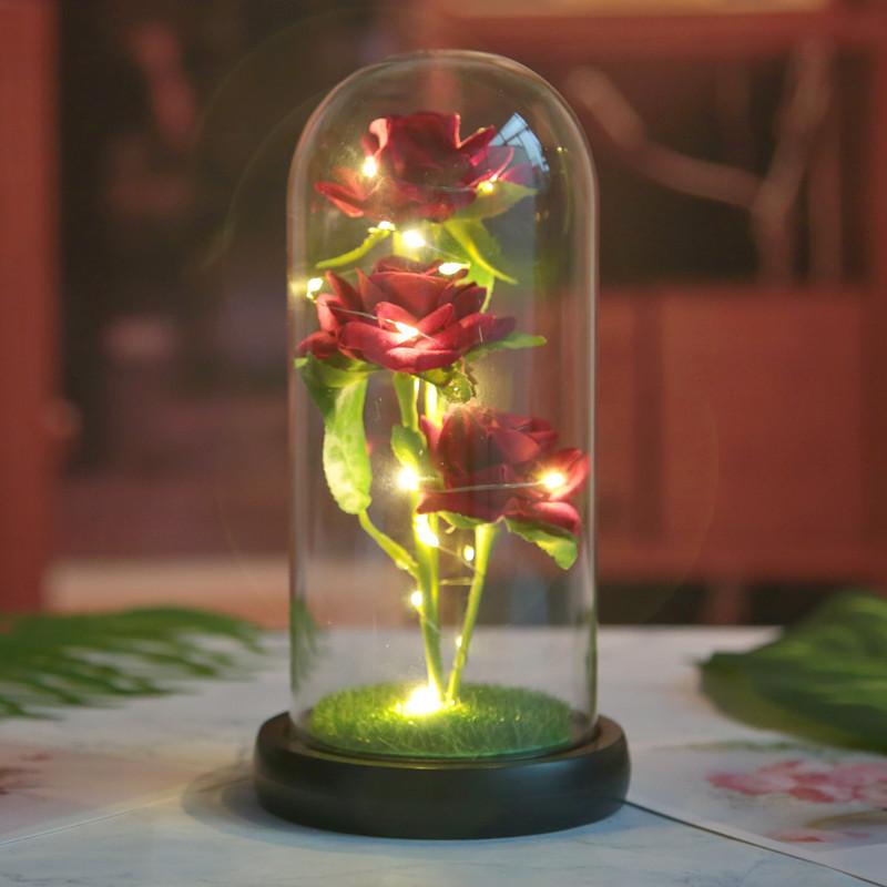 Three simulated immortal flowers, glass cover ornament, LED night light, rose, creative Valentine's Day gift.