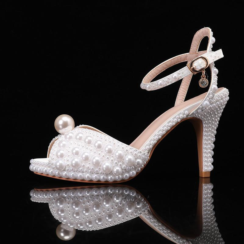 Luxury All Pearls Rhinestones Peep toe Women Sandals Ankle Strap Platform Thin High heels Elegant Bridal Wedding Shoes