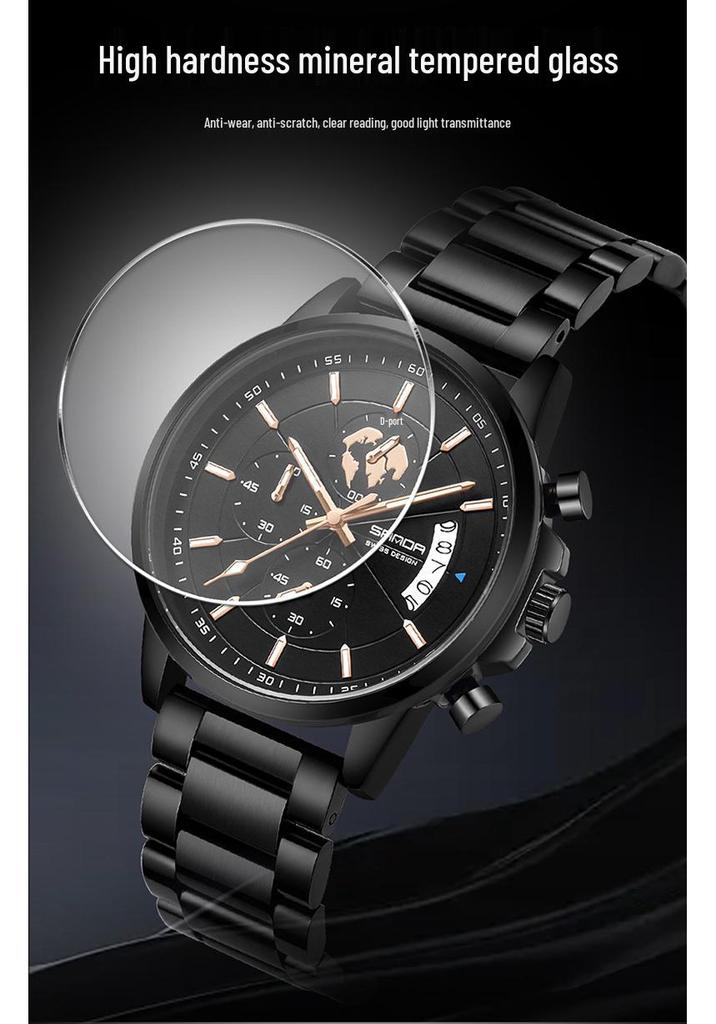 Sanda Men's Waterproof Quartz Watch with Steel Band and Calendar - Korean Edition
