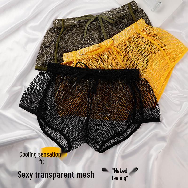 Pantaloni scurți de casă pentru bărbați, din plasă, cu picior plat, respirabili, cu gol transparent