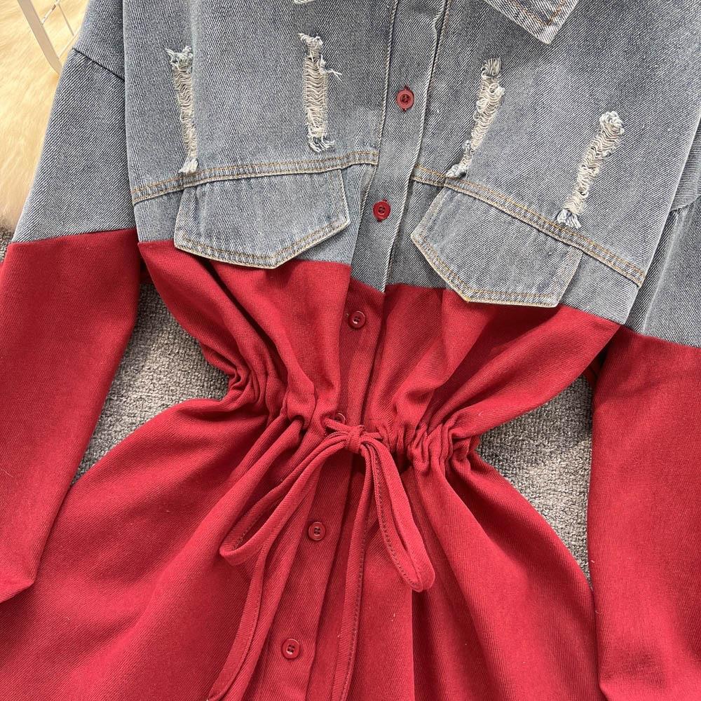 Dlouhý rukáv Letní Dámská Cowboy Splicing Color Collision Temperamentní Dlouhá košile