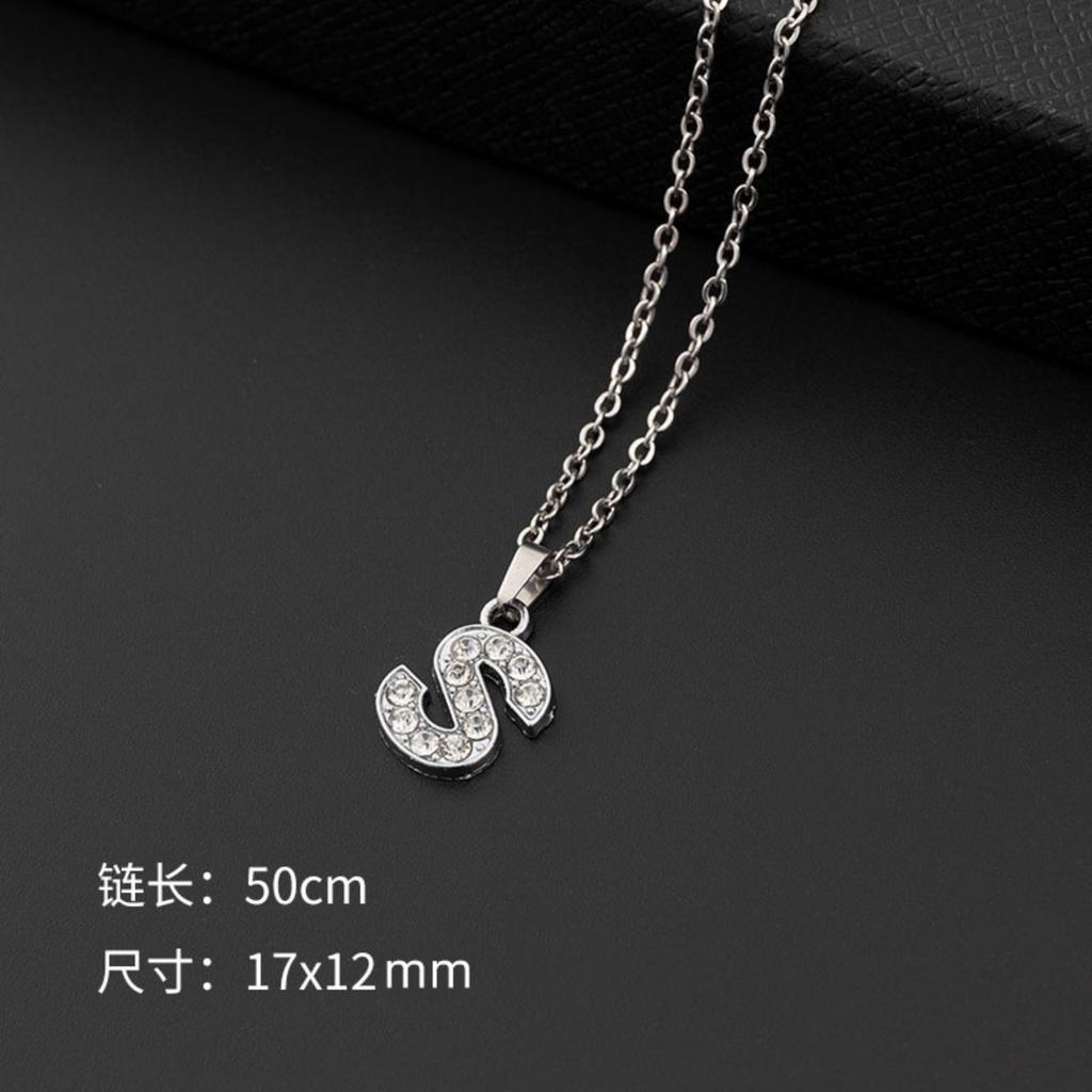 Stainless Steel Letter Pendant Necklace with Cubic Zirconia Crystals Chain Length 50cm Pendant Size 17x12mm Women Jewelry Accessories