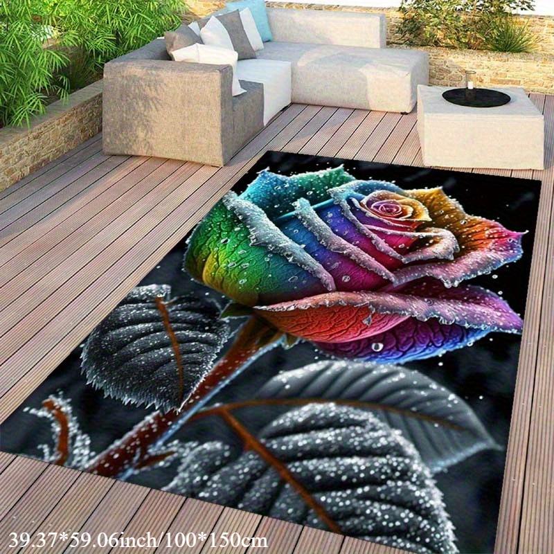 Flannel Printed Rainbow Rose Rug 3D Floral Design Soft Fleece Outdoor Mat Garden Decor Vibrant Art Nature Theme Rugs