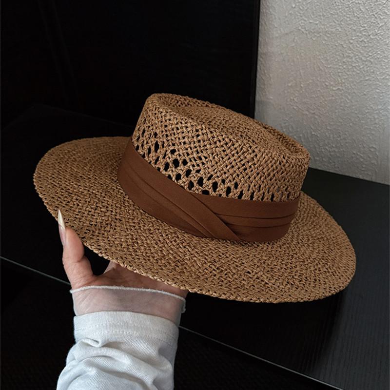 Spring Summer Vintage Hollow Out Flat Top Straw Hat Woman Sun Protection Vacation Beach Hat
