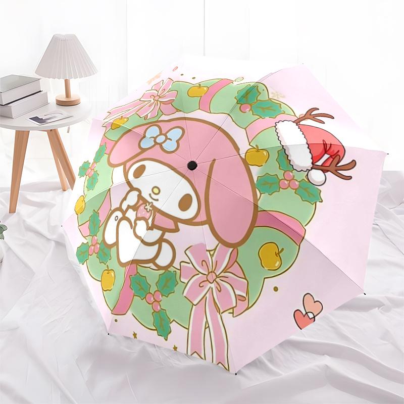 

1pc My Melody Christmas Wreath Design Automatic Opening/Closing Umbrella with Festive Bowknot Decoration - Portable Three-Fold Design, 8-Bone Iron Fra
