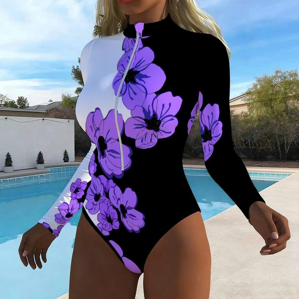 Women Long Sleeve One Piece Swimsuit Zip Front  Splashed Ink  Print Rash Guard Surfing Bathing Suit