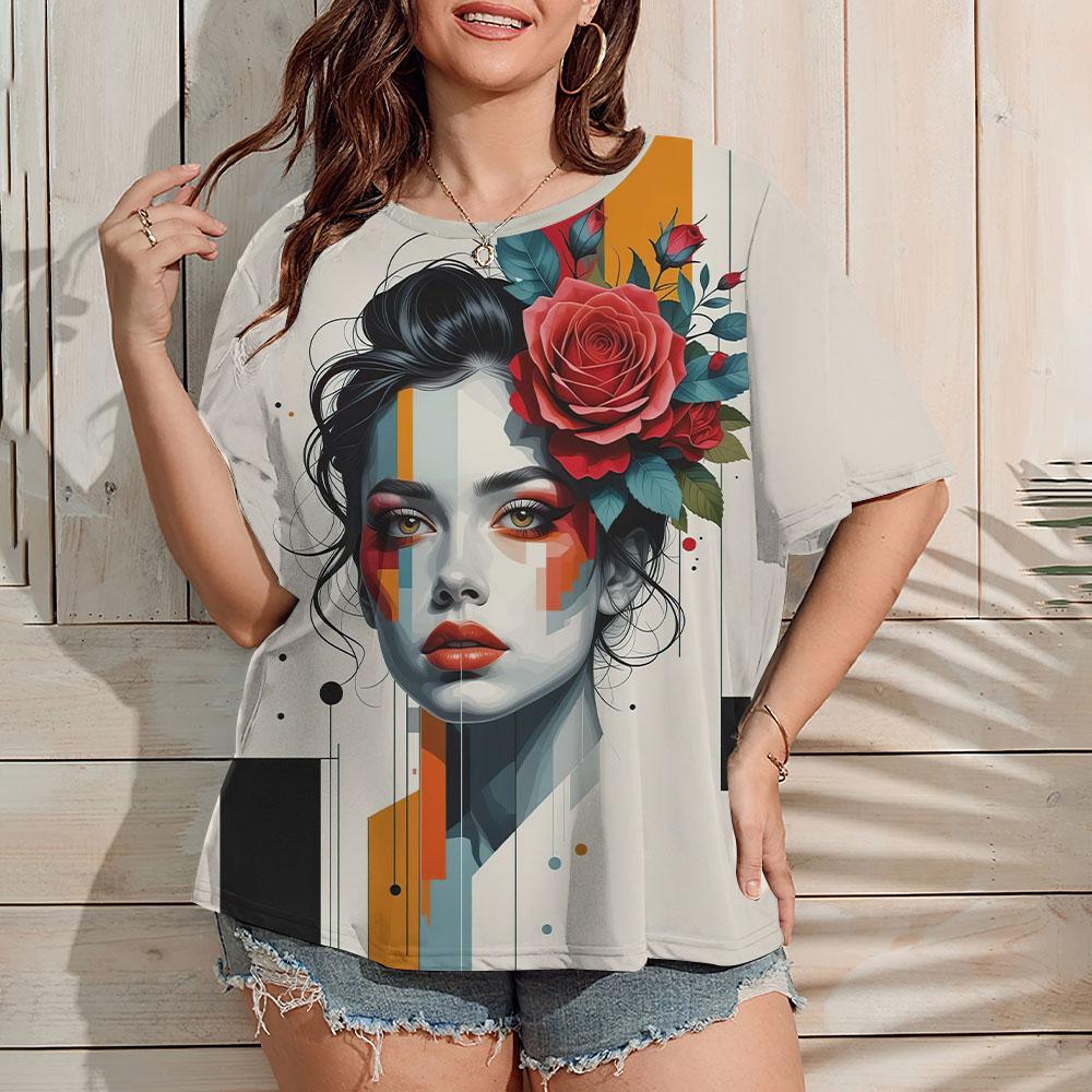 Plus Size Women's T-Shirt Summer Casual Round Neck Short Sleeve Top Fashion Girl Pattern Print Outdoor Loose Oversized Clothing