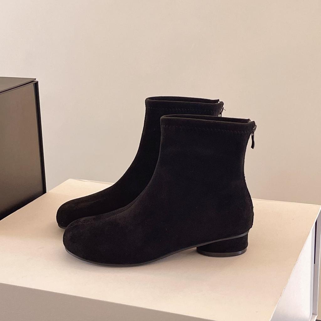 Ankle Boots Skinny Retro Martin Boots Women'S Round Head Suede Single Boots Thick Heel Short Boots Skinny Boots