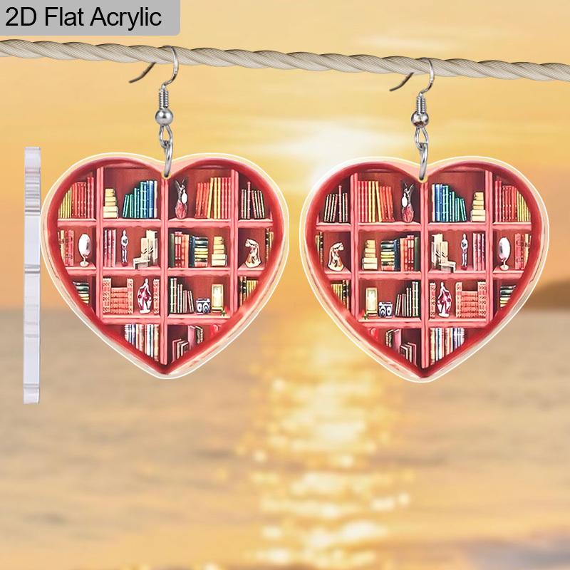 Cercei 2D Plați Bibliotecă Raft de Cărți Cercei Atârnători în Formă de Inimă pentru Iubitor de Cărți Cercei Acrilici Bibliotecă Cercei Atârnători pentru Femei Fată Profesor Bijuterii Absolvire