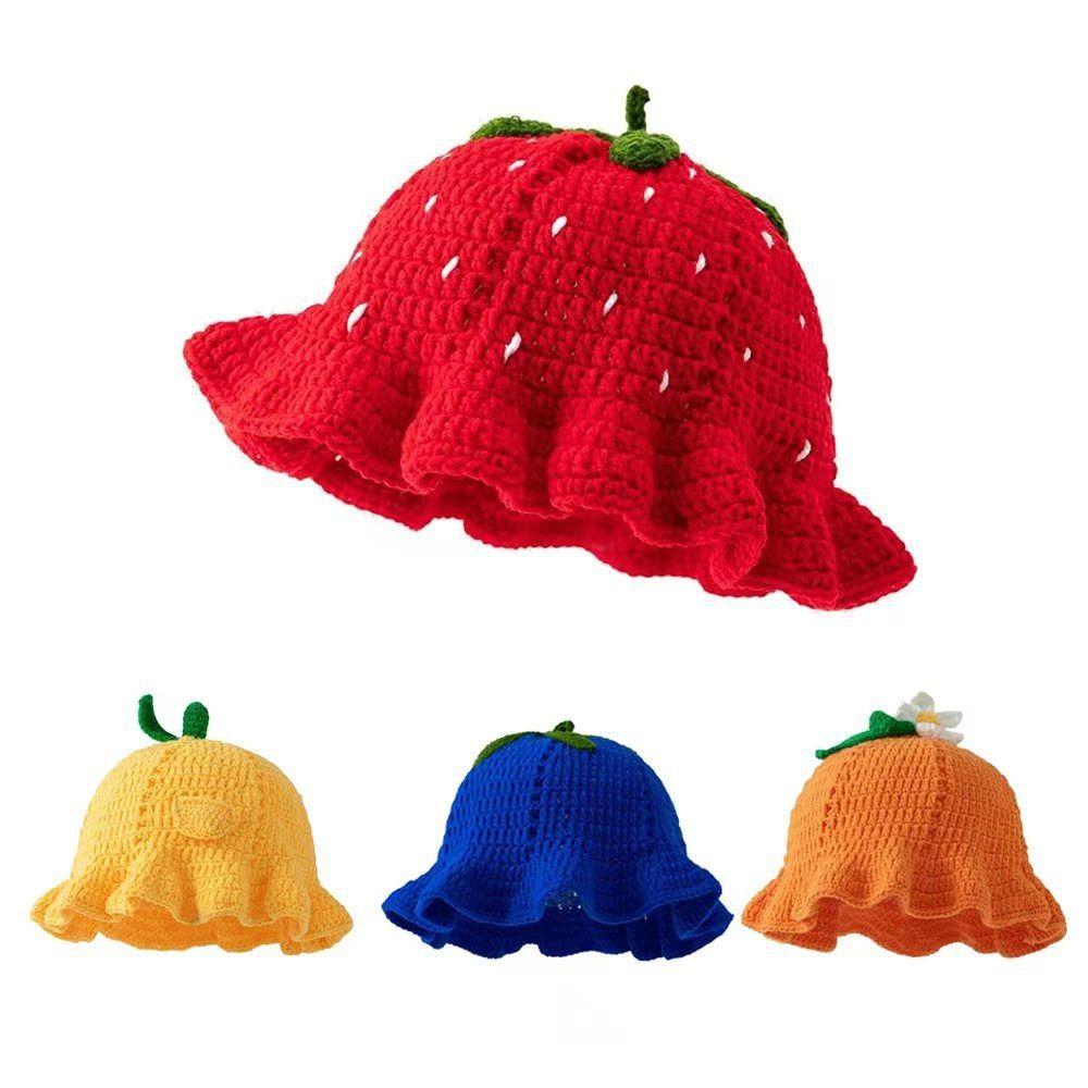 Orange Knitted Bucket Hat Fruit Shaped Crochet Beanie Cap Strawberry Knitted Hat Female/Girls