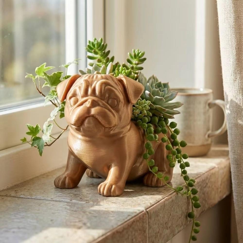 3D Printed Pug Figurine Plant Holder PLA Desktop Planter Pot Unique Handmade Planter  Office Desk