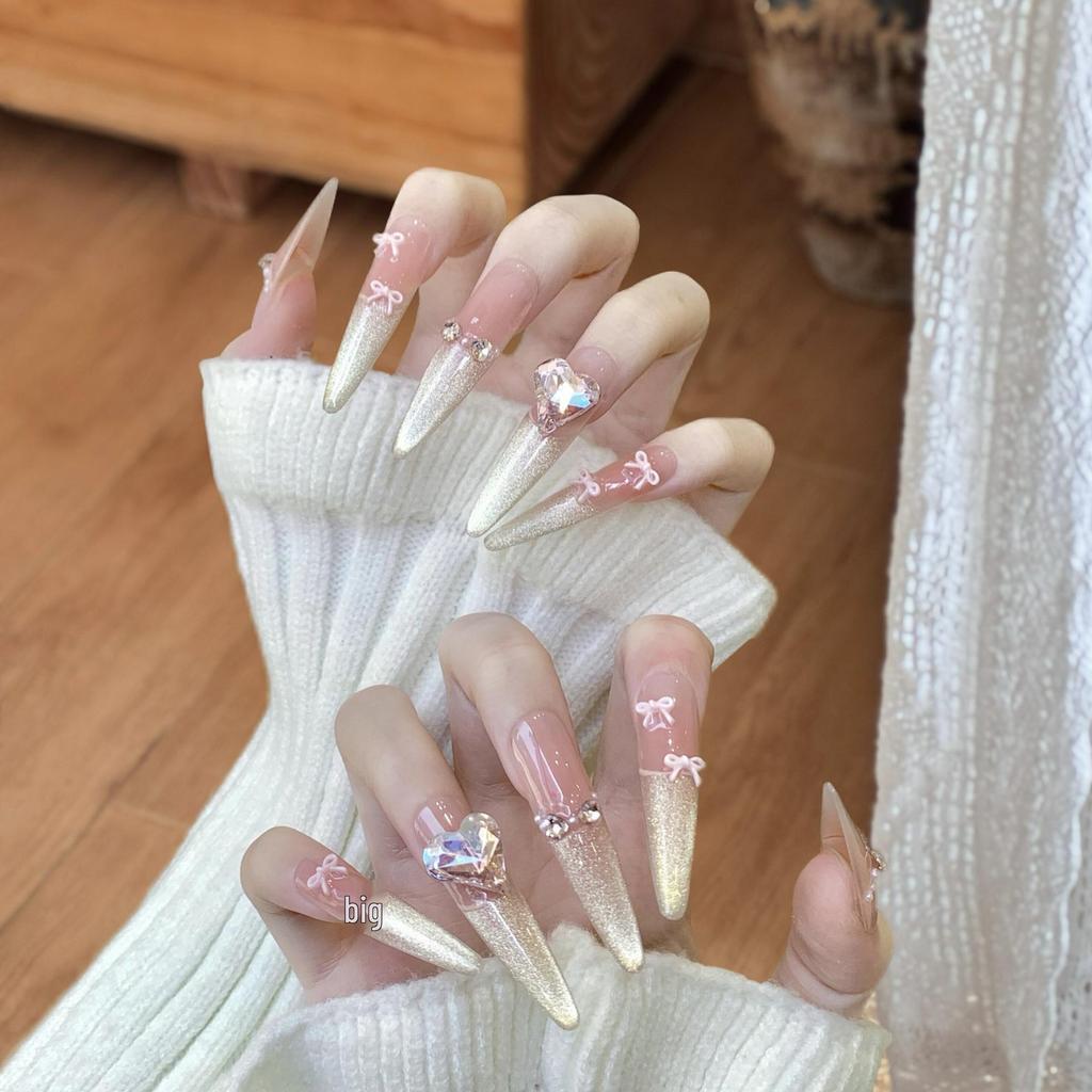 Blush French Cat Eye Princess Bow Nails - Handmade Wearable Nail Art