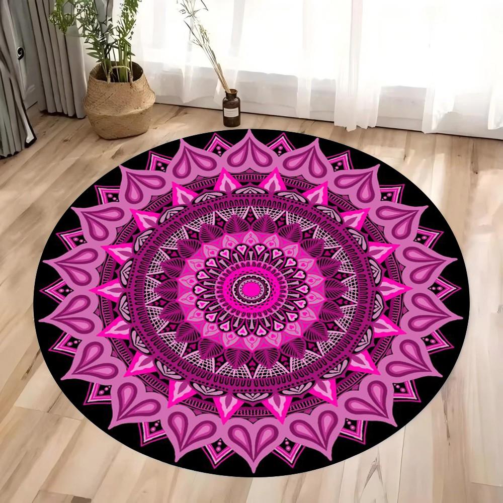 Mandala Round Rug Geometric Floor Carpet Art Deco Circle Mat Traditional Anti Slip Mat Black Area Rugs for Living Room