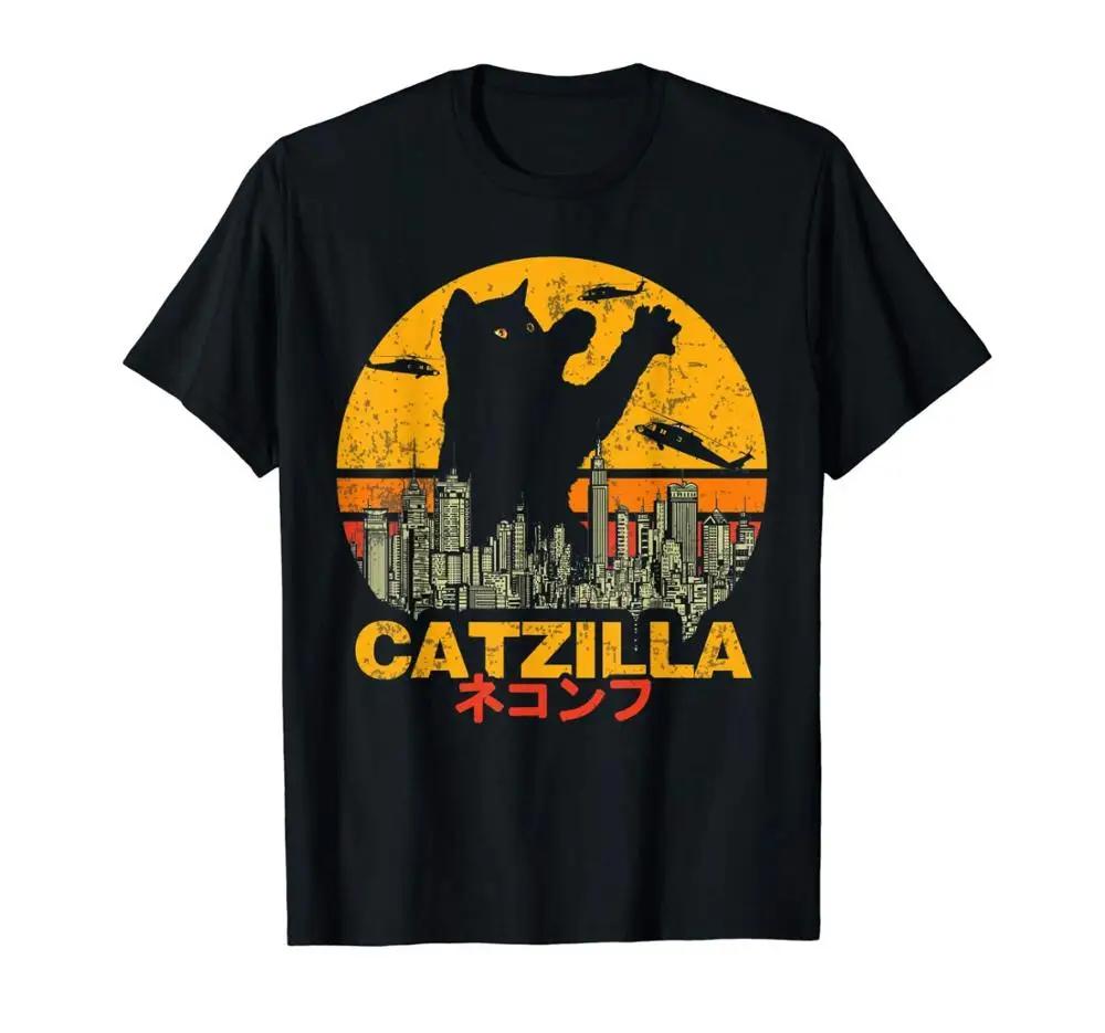 Vintage Catzilla Sunset Cat Lovers Halloween TShirt 100 Cotton ONeck Summer Short Sleeve Casual Unisexs Tshirt Size S3XL