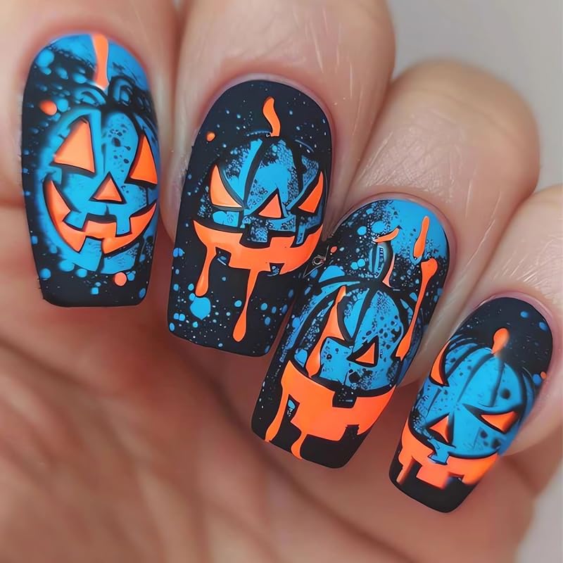 Halloween Press on Nails Medium Fake Nails Almond Shape Halloween False Nail Tips with Pumpkin Star Moon Designs Cute Stick on Nails Glossy Halloween