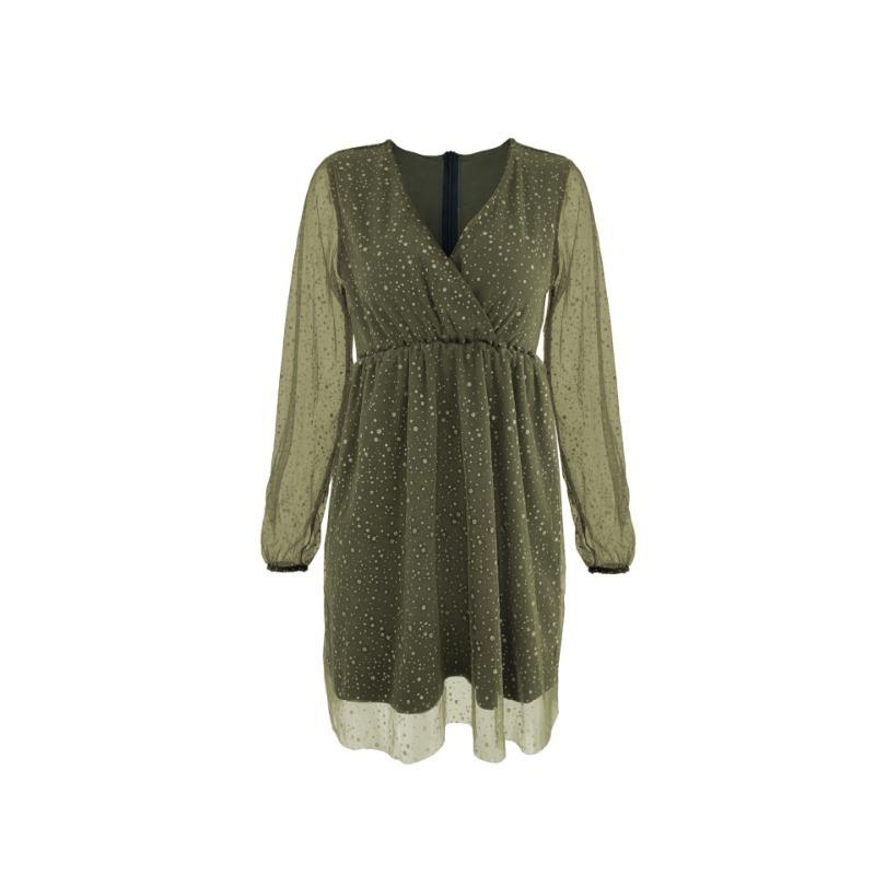 GMXIA Elegant Dress Mesh Sprinkles Pure Colour Seven Sleeve V-Neck Splicing Women's Midi Dresses