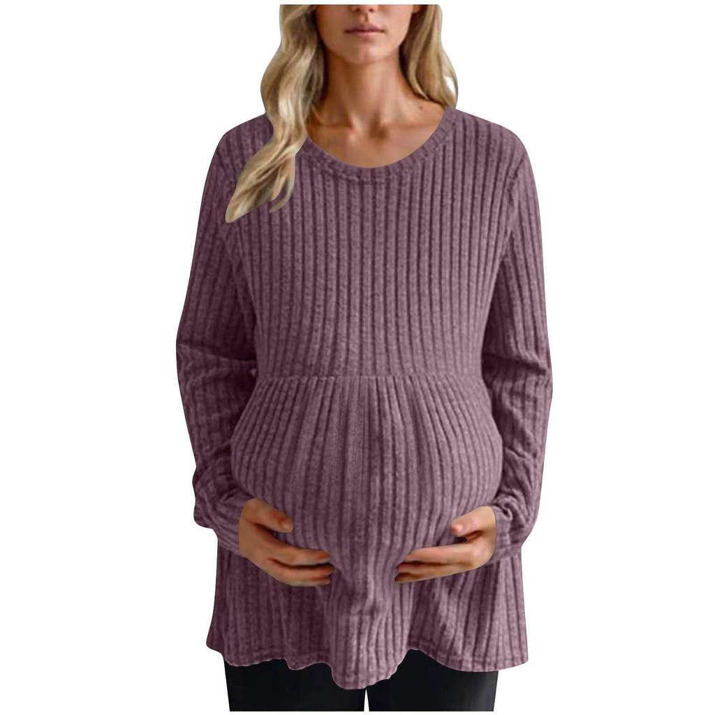 Túnica de Maternidad de Manga Larga para Mujer a la Moda, Top Babydoll Acanalado de Cuello Redondo, Ropa de Maternidad