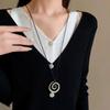Elegant Autumn Winter Metal Hollow Round Pendant Necklace Adjustable Sweater Chain Alloy Texture Present for Women Girls