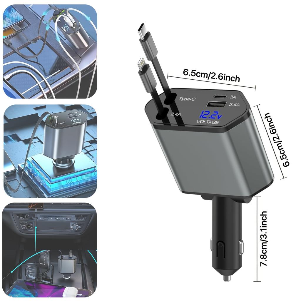 4-in-1 Einziehbarer 66W Autoladegerät mit Dual-Kabeln, USB-C- und USB-A-Anschlüssen, LED-Spannungsmonitor