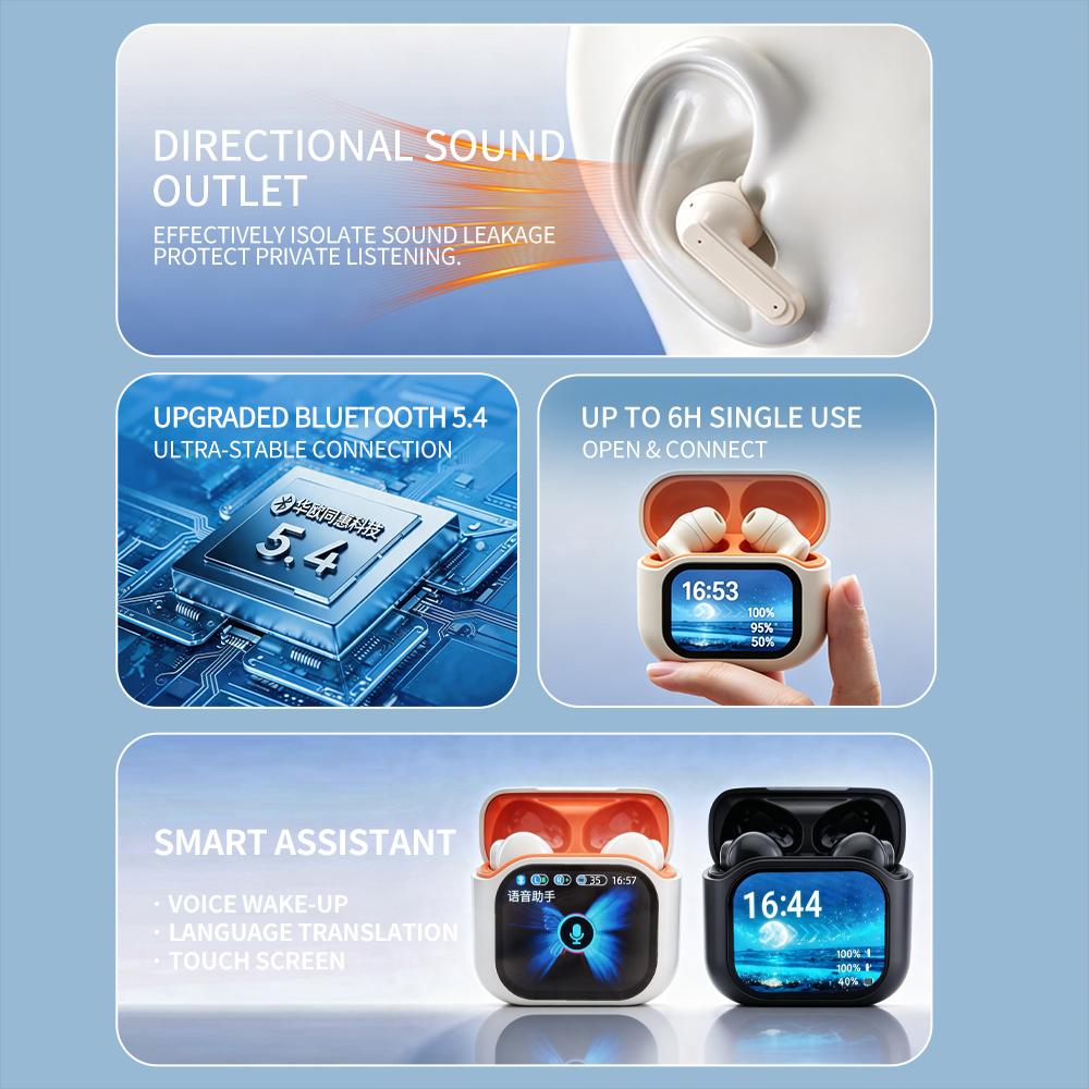 Independent Control AI Translator Headphones Multi-Language Smart Wireless Earbuds Digital Display ANC 60-Hour Waterproof Design
