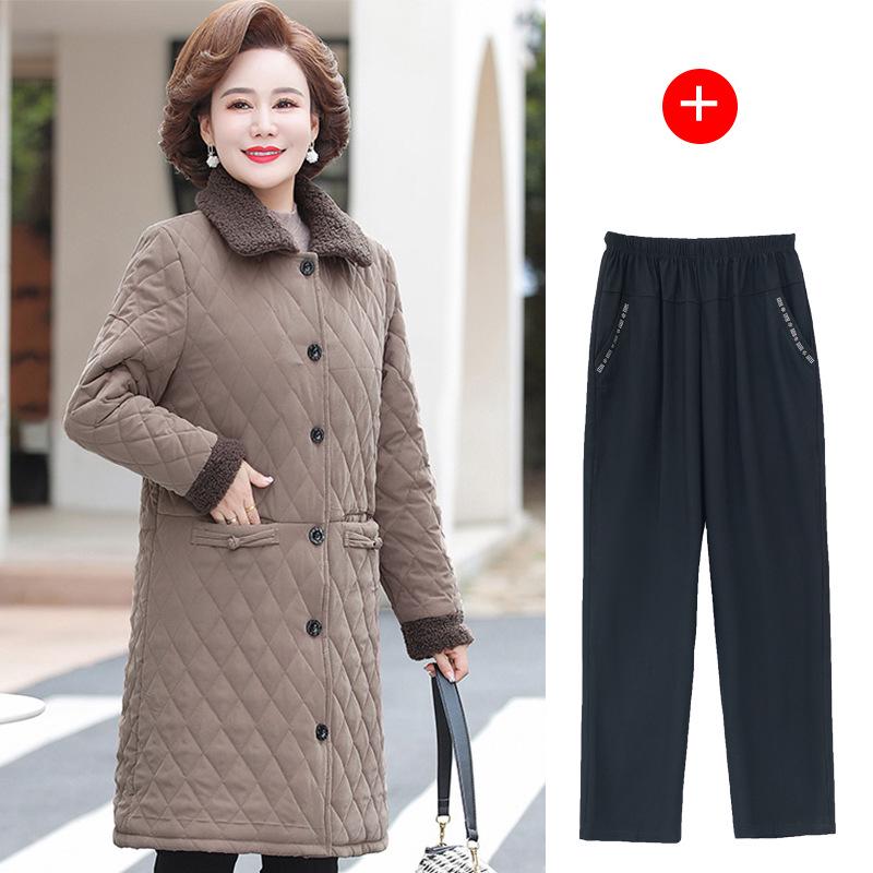 

Мамина зимняя куртка средней длины с цветочным принтом - на флисовой подкладке и утепленная для тепла, идеально подходит для женщин среднего и пожилого возраста 5XL for 145-160 jin