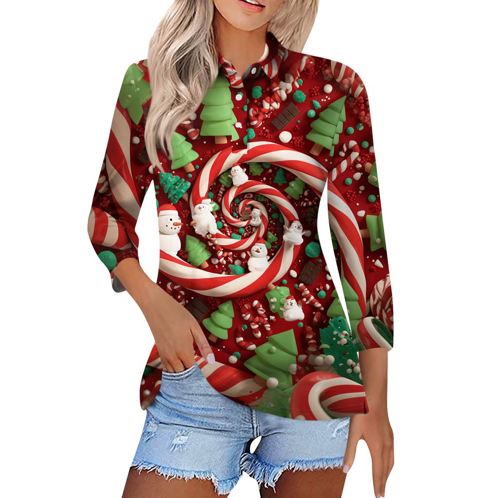 Women's Fashion Casual Button 3/4 Sleeve Vintage  Print Lapel Top