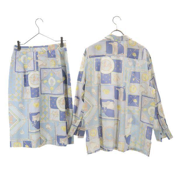 DAKS Silk Blend Riding pattern Long sleeve shirt Setup 9R Blue skirt Women Used