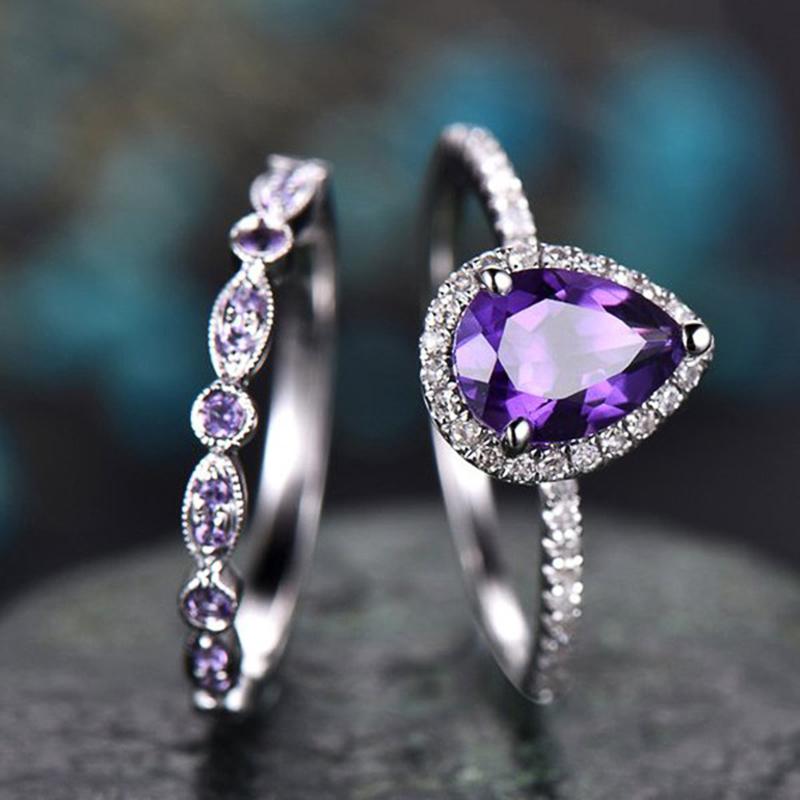Charming Pear Purple Cubic Zircon Set Rings for Women Wedding Party Temperament Elegant Lady Accessories Fashion Jewelry