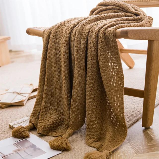 Mantas Minimalistas Para Cama Sofá Sillón Colcha Tejida Gruesa Manta Suave Tejida Acogedora Flecos Color Liso Waffle Estampado Cubierta Aislante 130x170cm