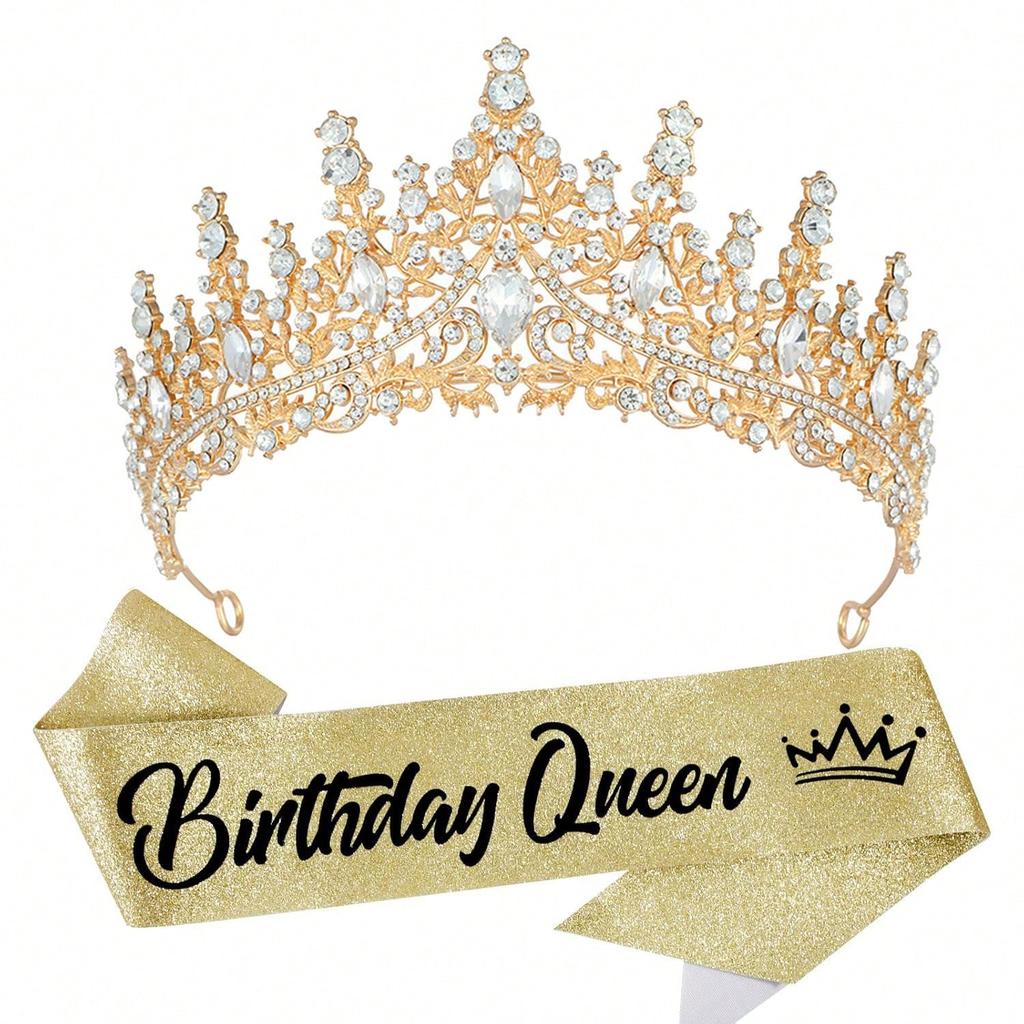 2Pcs Birthday Queen Tiara Crowns for Women Crystal Birthday Queen Headband Sash Elegant Princess Crown Birth Party Decorations