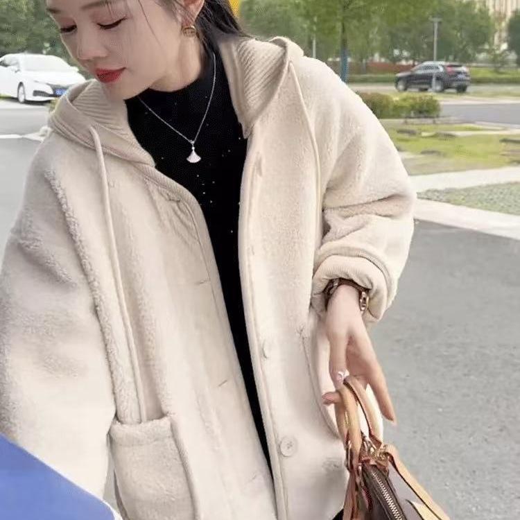 Women's Lambswool Fur-Lined Hooded Jacket - Autumn/Winter Loose Slimming Versatile Top